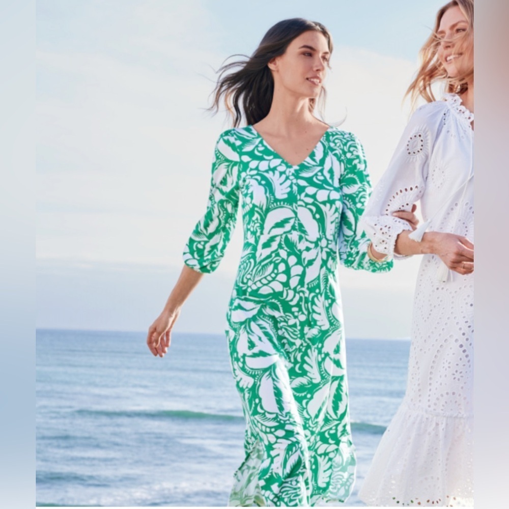 Soft Surroundings Green and White Jersey Floral Midi Dress V Neck Long Sleeve S